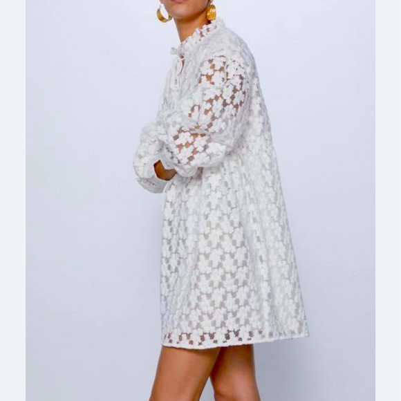 ZARA TEXTURED WEAVE MINI DRESS LACE FLORAL BOHO FLOWY Size Medium - Picture 3 of 8
